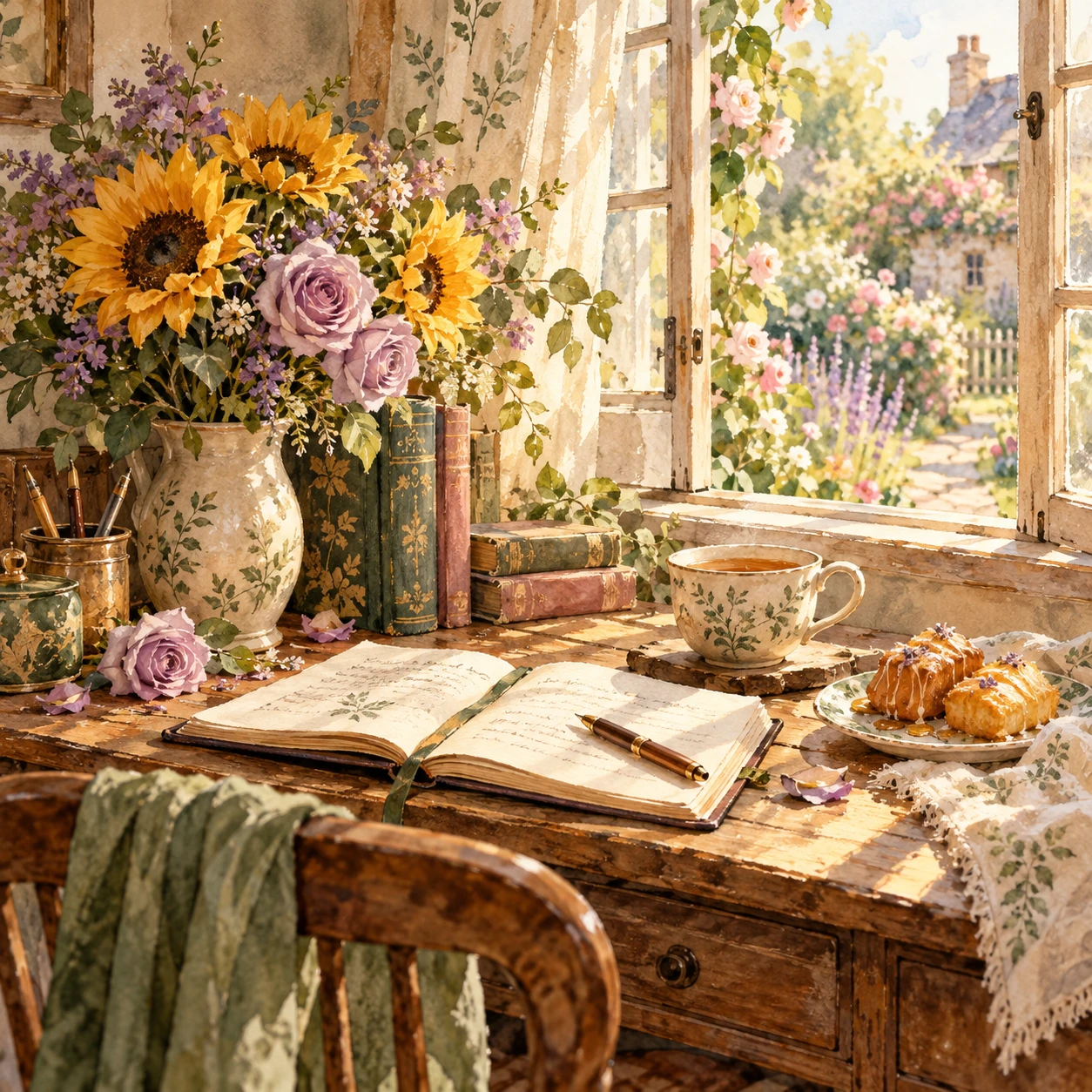 Watercolor of books, tea, honey cakes, sunflowers, and lilac roses beside a cottage garden window