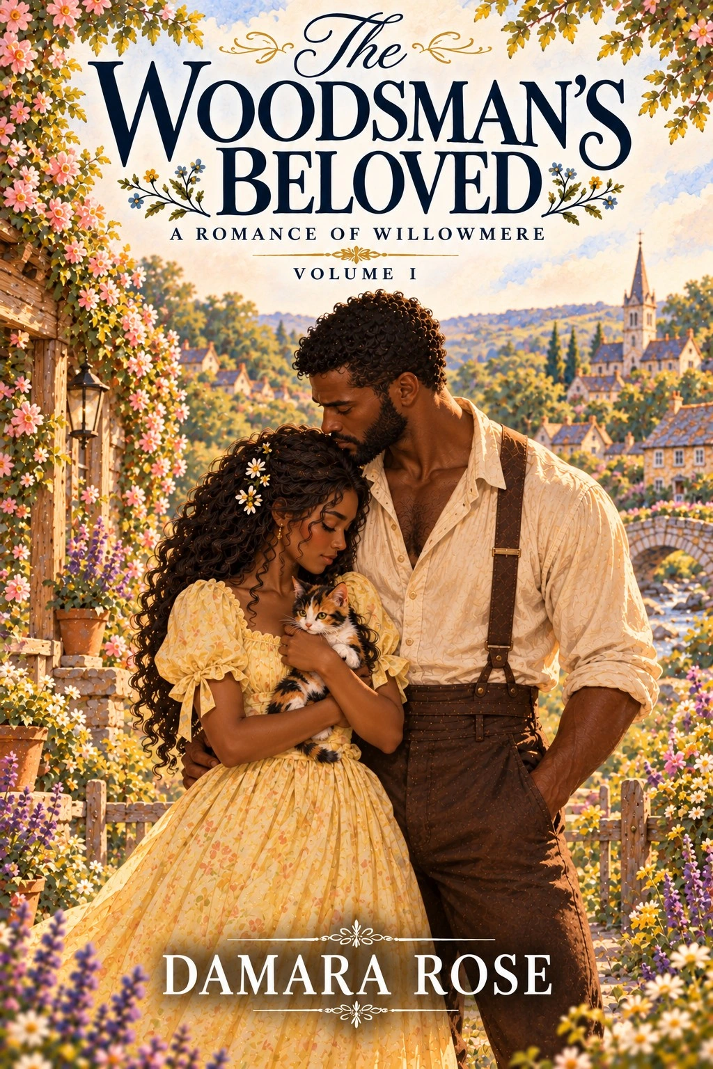 Illustration of Lila tucked against Rowan, holding Sunshine the calico cat in a flowering village garden