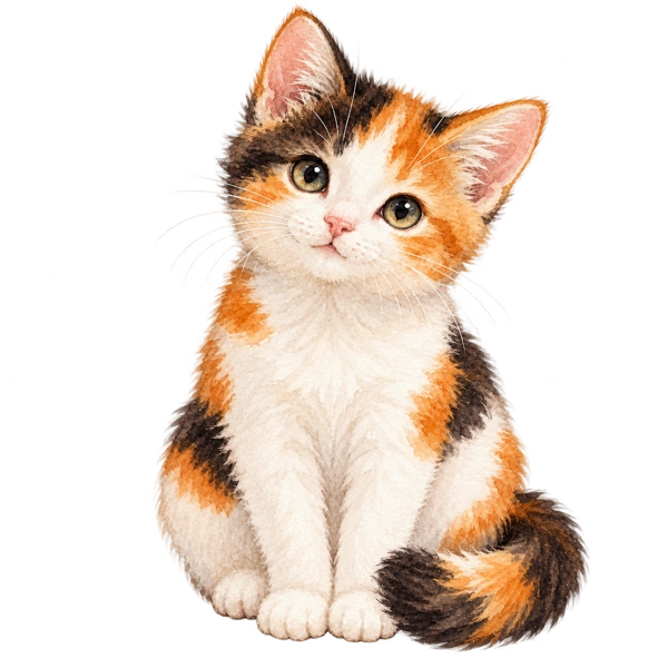 Sunshine, a watercolor calico kitten